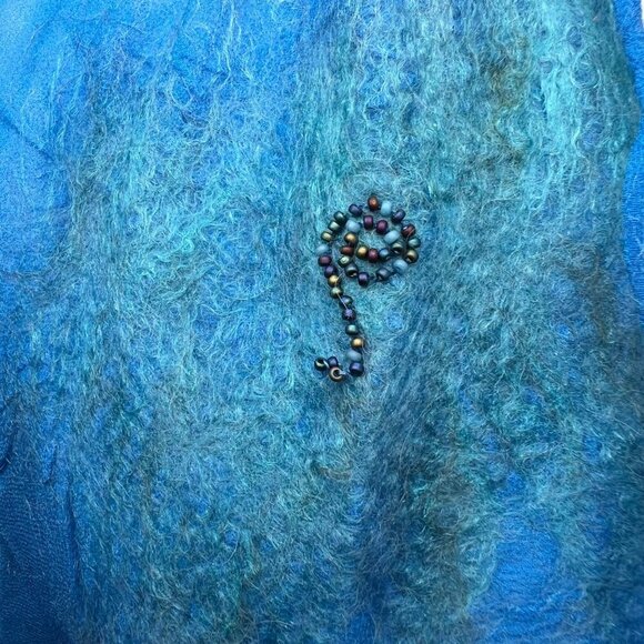 Blue Sheer Silky Scarf Beaded Felted Accents Artistic Lightweight Shawl - Picture 6 of 8